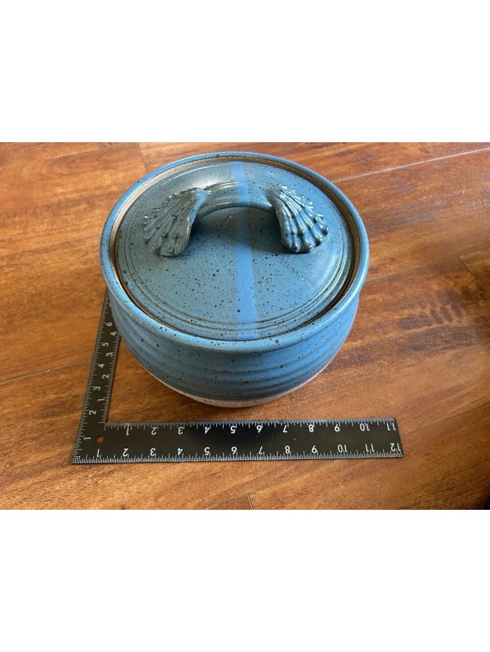 Handmade Blue Ceramic Pot with Lid and Shell Handle